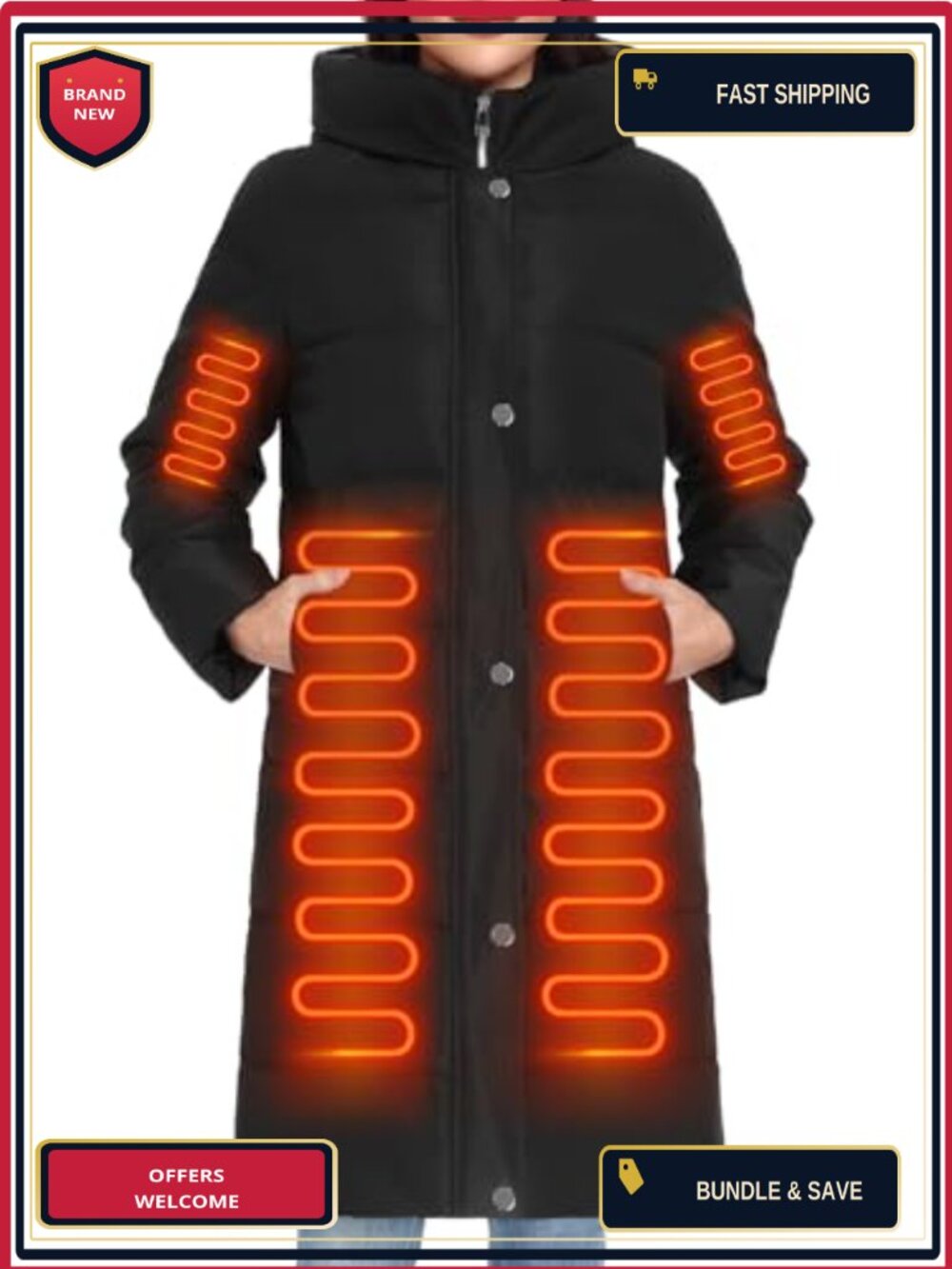 Women's Long Heated Puffer Jacket Hooded Water-Repellent Coat